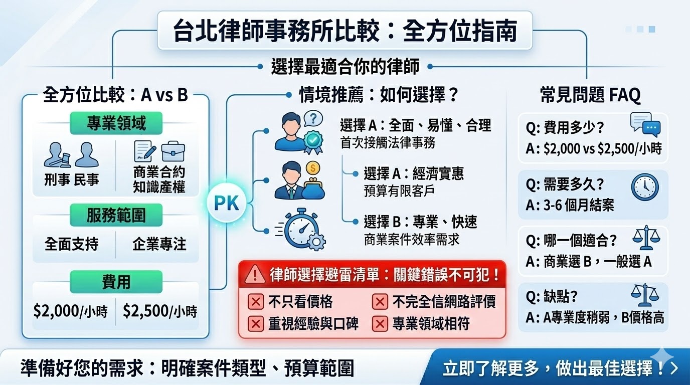 台北律師事務所提供專業的法律服務，無論是刑事、民事案件或商業法律問題，皆能提供深入的法律諮詢和解決方案。選擇適合的律師事務所對於保障您的法律權益至關重要。律師事務所不僅要考量價格，還需要注重專業領域與經驗，確保您獲得最適合的法律支持。了解各家事務所的服務範圍、費用結構及客戶口碑，有助於做出明智的選擇，避免誤選不符合需求的律師事務所。