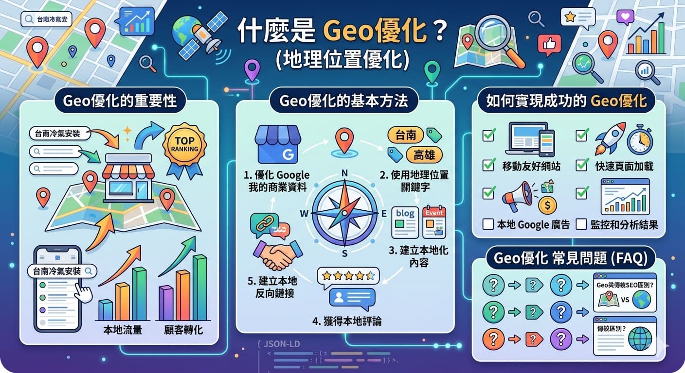 Geo優化（地理位置優化）是提升網站在特定地理區域搜索排名的關鍵策略。透過Geo優化，企業可以在本地搜索結果中獲得更多曝光，吸引本地顧客。本文介紹了如何進行Geo優化，包括關鍵字選擇、本地化內容創建和如何使用Google我的商業等工具，幫助你提高網站在地理區域內的可見度，從而促進銷售與業務增長。