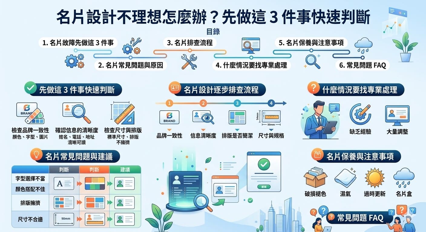 如果你的名片設計顯得不夠專業或無法代表你的品牌形象，可能是時候進行一些基本的排查與調整。本文將幫助你檢視名片的設計與排版，找出可能的問題並提供簡單的修正方法。我們會帶你一步一步排查名片設計的常見問題，從顏色、字型到排版，讓你的名片更具專業感，提升品牌形象。不管是字體選擇還是尺寸問題，都能在這篇文章中找到解決方案。