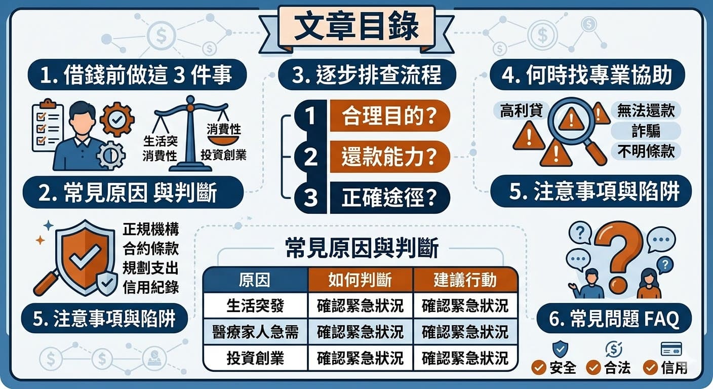 借錢是一項需要謹慎對待的決定，無論是因為生活急需還是消費需求，了解借錢的目的與還款能力至關重要。本文將帶你了解借錢的基本排查流程，幫助你確認是否真的需要借款，以及如何選擇合法的借款途徑，避免高利貸等風險。學會如何正確借錢，能讓你在面對資金需求時，更加理性地做出決策。